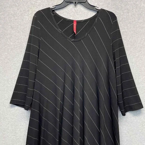 IC By Connie K Dress Womens XL Stretch Jersey Black Asymmetrical Hem Striped - Picture 2 of 11